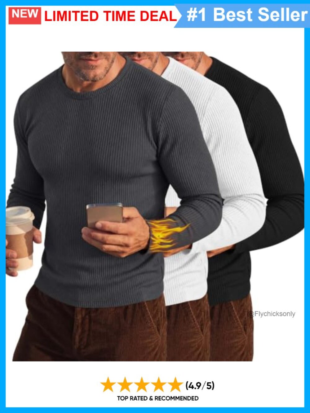 3 Pack Men's Thermal Ribbed Long Sleeve Crew Neck Shirts Slim Fit Base Layer